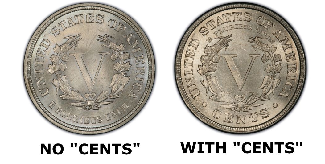 Side-by-side comparison of 1883 Liberty Nickel No CENTS reverse (left) and With CENTS reverse (right) showing the key diagnostic difference