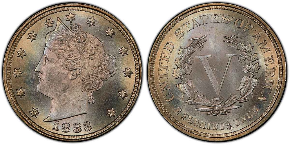 1883 Liberty Head No CENTS nickel reverse showing blank area below wreath where CENTS would appear on the With CENTS variety