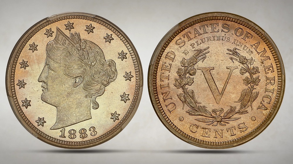 1883 Liberty Head With CENTS nickel reverse showing the word CENTS below the wreath in gem uncirculated condition