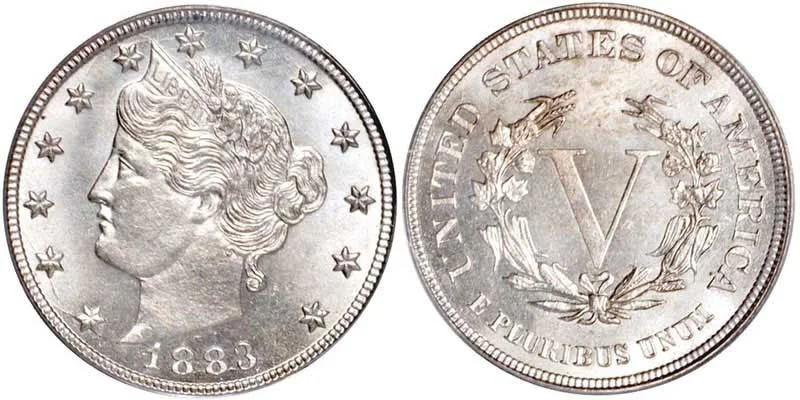 1883 Liberty No CENTS nickel FS-1301 repunched date close-up showing remnant of 1 beneath the 8 in the date under magnification