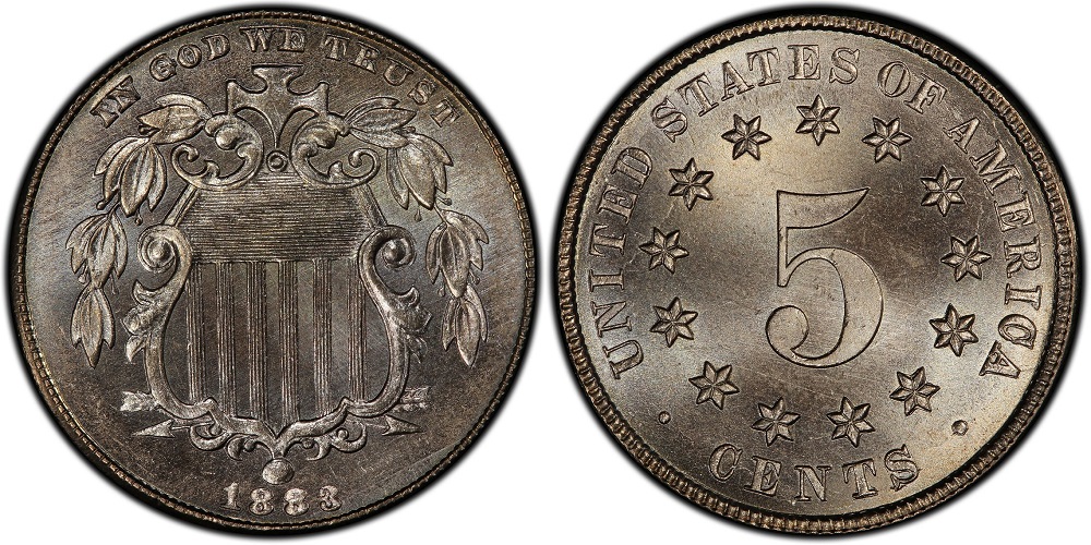 1883 Shield Nickel obverse showing heraldic shield design in Extremely Fine condition