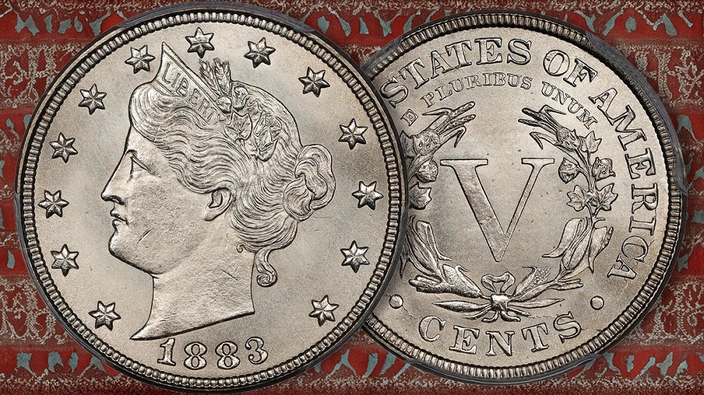 1883 Liberty Head nickel grading strip showing four condition tiers from Good to Mint State side by side